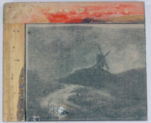 Avec Georges Michel…, 2005 4 des 15 variations uniques, selon des impressions en sérigraphie sur divers supports, toutes remontées et remaniées par l'artiste, format 35/27 cm. environ, d'après "Paysage au moulin, le chemin sauvage" de Georges Michel. Musée de Valence.