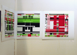 Villes, 2005 Sérigraphie originale, Triptyque sur Priplak, 2 formats 65,5/72,5 cm. et 1 format 65,5/65 cm. 5 exemplaires signés et numérotés, 1 exemplaire Bibliothèque Nationale. Ci contre: vue du triptyque à la FIAC